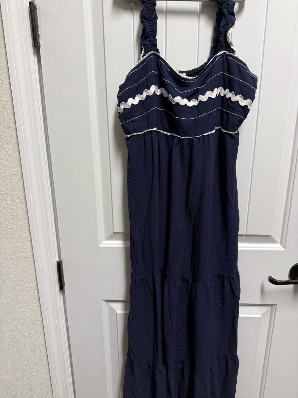 Navy Maxi Dress with White Trim and Ruffled Straps